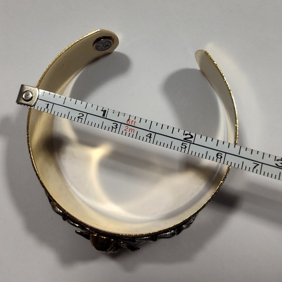 Vintage Sonja Lea Gold, Silver and Brass Tone Cherub Wide Cuff Ornate Bracelet - Picture 3 of 16